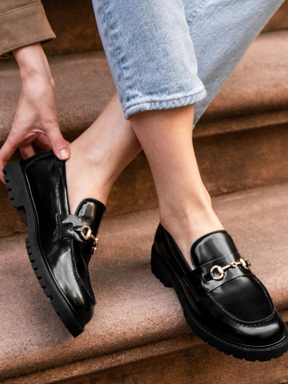 Thursday Boot Company Black Patent Leather Loafers with Gold Hardware